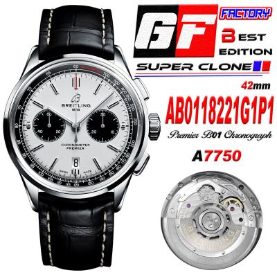 Premier B01 Chronograph 42 A7750 Automatic Mens Watch AB0118221G1P1 Best Edition GF V2 White Dial Leather CHS