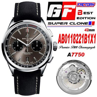 Premier B01 Chronograph 42 A7750 Automatic Mens Watch AB0118221B1X1 Best Edition GF V2 Gray Dial Leather CHS