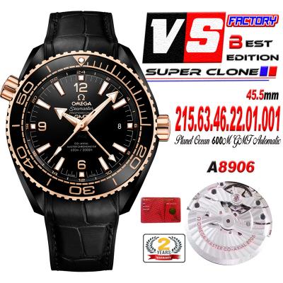 Planet Ocean GMT 45.5mm Deep Gold Black Real Ceramic A8906 Automatic Mens Watch VSF 1:1 Best Edition Black Leatehr CHS