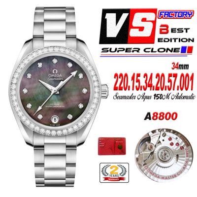 Aqua Terra 150M 34mm A8800 Autoamtic Womens Watches VSF Best Ediiton Diamonds Bezel MOP Dial SS Bracelet Ladies