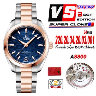 Aqua Terra 150M 34mm A8800 Autoamtic Womens Watches VSF Best Ediiton RG Blue Dial SS Bracelet Ladies