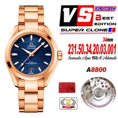 Aqua Terra 150M 34mm A8800 Autoamtic Womens Watches VSF Best Ediiton RG Blue Dial SS Bracelet Ladies