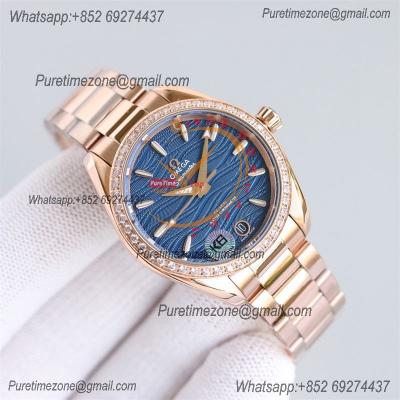 Aqua Terra 150M 34mm A8800 Autoamtic Womens Watches VSF Best Ediiton RG Diamonds Bezel Blue Dial SS Bracelet Ladies