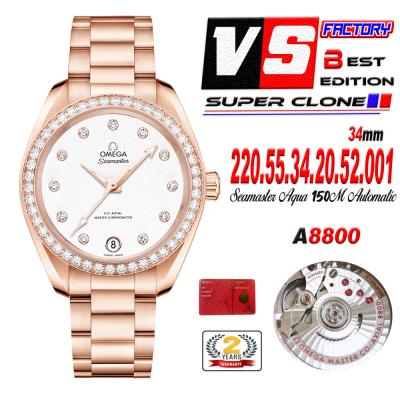 Aqua Terra 150M 34mm A8800 Autoamtic Womens Watches VSF Best Ediiton RG Diamonds Bezel Silver Dial SS Bracelet Ladies