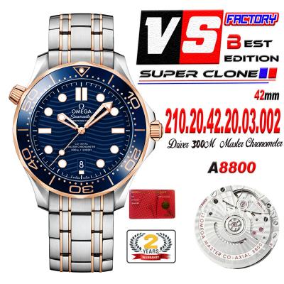 Seamaster Diver 300M A8800 Autoamtic Mens Watches VSF Best Ediiton YG Blue Dial SS Bracelet CHS 210.20.42.20.03.002