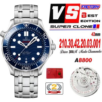 Seamaster Diver 300M A8800 Autoamtic Mens Watches VSF Best Ediiton Blue Dial SS Bracelet CHS 210.30.42.20.03.001