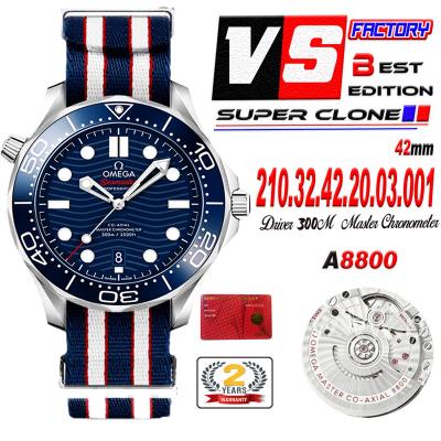 Seamaster Diver 300M A8800 Autoamtic Mens Watches VSF Best Ediiton Blue Dial Nylon Strap CHS 210.32.42.20.03.001