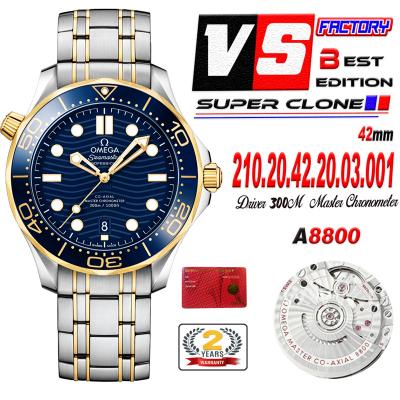 Seamaster Diver 300M A8800 Autoamtic Mens Watches VSF Best Ediiton YG Blue Dial Rubber CHS 210.20.42.20.03.001