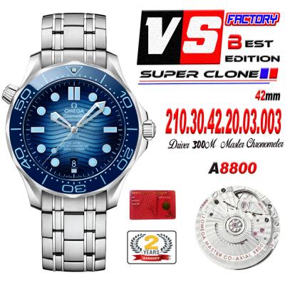 Seamaster Diver 300M A8800 Autoamtic Mens Watches VSF Best Ediiton Blue Dial SS Bracelet CHS 210.30.42.20.03.003