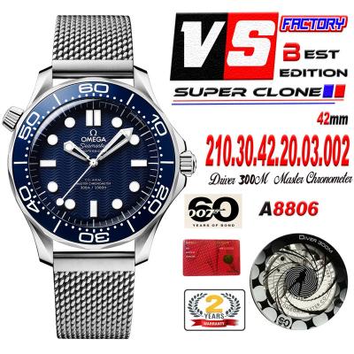 Seamaster 300M 42mm James Bond 60th anniversary A8806 Autoamtic Mens Watches VSF Best Ediiton Blue Dial Mesh Bracelet