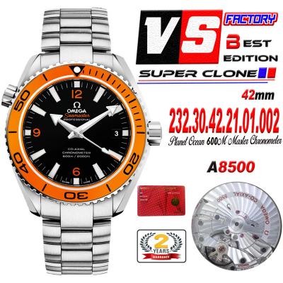 Seamaster Planet Ocean A8500 Automatic Mens Watch VSF Best Ediiton Orange Bezel Black Dial  SS Bracelet CHS