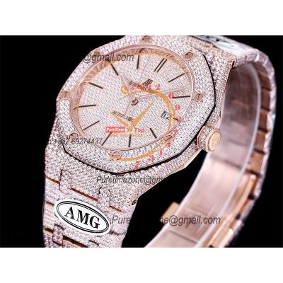 Royal Oak 41mm 15400 Iced Out A3120 Automatic Mens Watch AMG Best Edition RG Paved Diamond Dial Stick SS Bracelet CHS