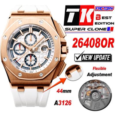 Royal Oak Offshore 26408OR A3126 Automatic Chronograph Mens Watch Best Edition TKF 44 RG White Dial Rubber CHS