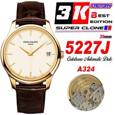 Calatrava 5227R 39mmA324 Atuomatic Mens Watch Best Edition 3KF V2 YG White Dial Brown Leather Strap CHS