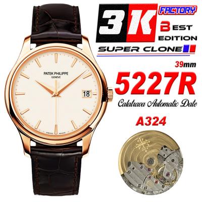 Calatrava 5227R 39mmA324 Atuomatic Mens Watch Best Edition 3KF V2 RG White Dial Brown Leather Strap CHS