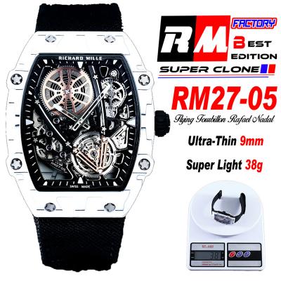 RM27-05 Flying Tourbillon Rafael Nadal White Carbon Automatic Mens Watch RMF Best Edition Black Skeleton Dial Lightweigh