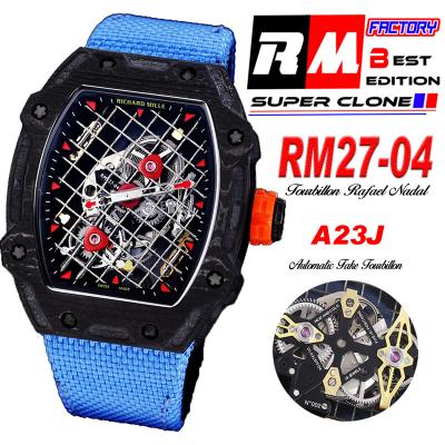 RM27-04 Rafael Nadal A23J Automatic Mens Watch RMF Best Edition Black NTPT Carbon Tennis Racket Skeleton Dial Blue Nylon