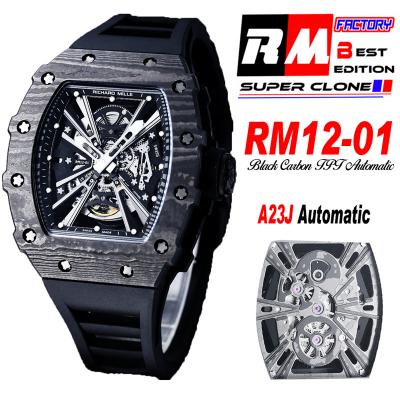 RM12-01 José Balvin Automatic Tourbillon Mens Watch RMF Carbon Fiber Skeleton Dial All Black Rubber Strap CHS AAA
