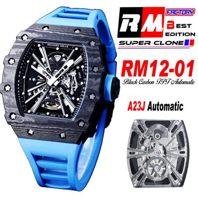 RM12-01 José Balvin Automatic Tourbillon Mens Watch RMF Black Carbon Fiber Skeleton Dial Blue Rubber Strap CHS AAA