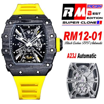 RM12-01 José Balvin Automatic Tourbillon Mens Watch RMF Black Carbon Fiber Skeleton Dial Yellow Rubber Strap CHS AAA