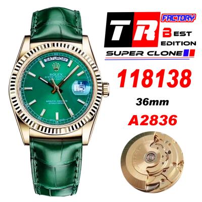 Day-Date 118138 36mm A2836 Automatic Mens Watch Best Edition TRF Yellow Gold Green DialGreen Leather