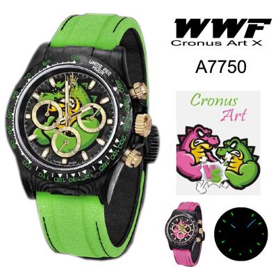 WWF Daytona Cronus Art X ETA A7750 Automatic Chronograph Mens WatchForged Carbon Crocodile Dial Green Nylon