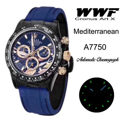 WWF Daytona Cronus Art X ETA A7750 Automatic Chronograph Mens WatchForged Carbon Mediterranean Dial Blue Nylon
