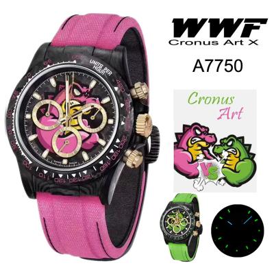WWF Daytona Cronus Art X ETA A7750 Automatic Chronograph Mens WatchForged Carbon Angry Crocodile Dial Pink Nylon