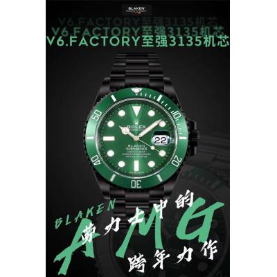 V6F Submariner BLAKEN A3135 Automatic Mens Watch DLC All Black Green Dial Oyster SS BraceletBest Edition