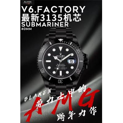 V6F Submariner BLAKEN A3135 Automatic Mens Watch DLC All Black Dial Oyster SS BraceletBest Edition
