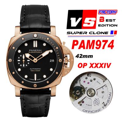 PAM00974 Luminor Submersible OP AXXXIV Automatic Mens Watch VSF 42mm Rose Gold 1:1 Best Edition on Black Rubber Strap