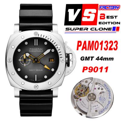 PAM01323 Submersible Gmt Navy Seals P9011 Automatic Mens Watch 44mm VSF Best Edition Gray Dial Rubber Strap