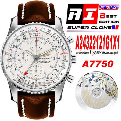 A24322121 Navitimer 1 World GMT A7750 Automatic Chronograph Mens WatchWhite Dial Brown Leather Strap Best Edition