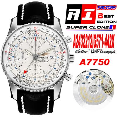 A24322121 Navitimer 1 World GMT A7750 Automatic Chronograph Mens WatchWhite Dial Black Leather Strap Best Edition