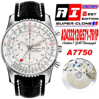 A24322121 Navitimer 1 World GMT A7750 Automatic Chronograph Mens WatchWhite Dial Black Leather Strap Best Edition