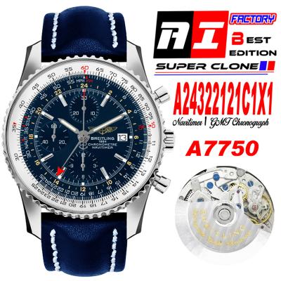 A24322121 Navitimer 1 World GMT A7750 Automatic Chronograph Mens WatchBlue Dial Blue Leather Strap Best Edition