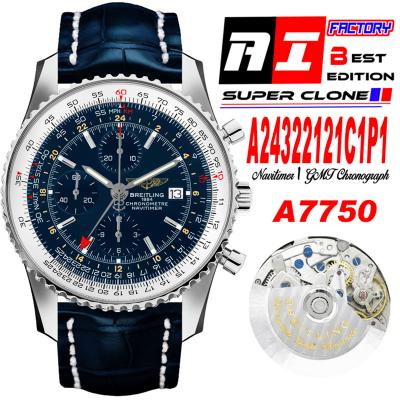 A24322121 Navitimer 1 World GMT A7750 Automatic Chronograph Mens WatchBlue Dial Blue Leather Strap Best Edition
