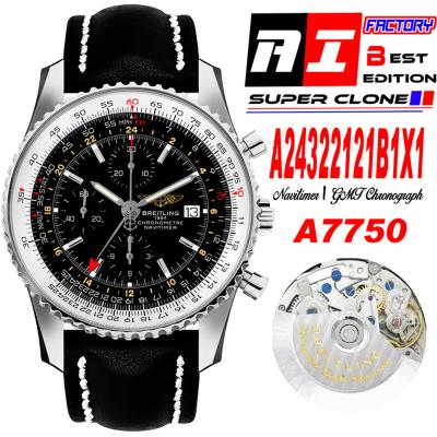 A24322121 Navitimer 1 World GMT A7750 Automatic Chronograph Mens WatchBlack Dial Leather Strap Best Edition