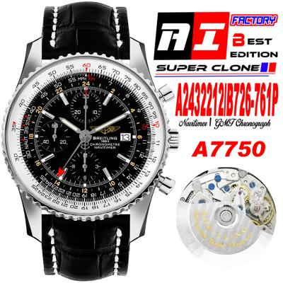 A24322121 Navitimer 1 World GMT A7750 Automatic Chronograph Mens WatchBlack Dial Leather Strap Best Edition