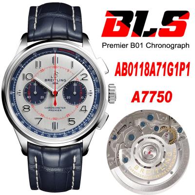 Premier B01 AB0118 A7750 Automatic Chronograph Mens Watch BLSF 42 Bentley Racing Silver Dial Leather Strap Best Edition