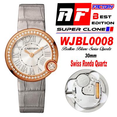 Ballon Blanc WJBL0008 30mm Ronda Quartz Womens Watch Best Edition AF RG Diamond Bezel Silver Dial Gray Leather Strap
