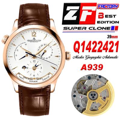 Master Geographic Q1422421 Power Reserve JLC A939 Automatic Mens Watch Best Edition ZF RG Silver Dial Brown Leather CHS