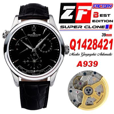 Master Geographic Q1428421 Power Reserve JLC A939 Automatic Mens Watch Best Edition ZF Steel Case Black Dial Leather CHS