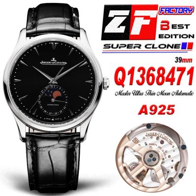 Master Ultra Thin Q1368471 A925 Automatic Mens Watch Moon Phase Date Best Edition ZF 39 Steel BlackDial Leather CHS