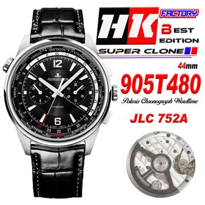 Polaris Wordtime 905T480 752A Automatic Chronograph Mens Watch Best Edition HKF 44 Black Dial Leather CHS