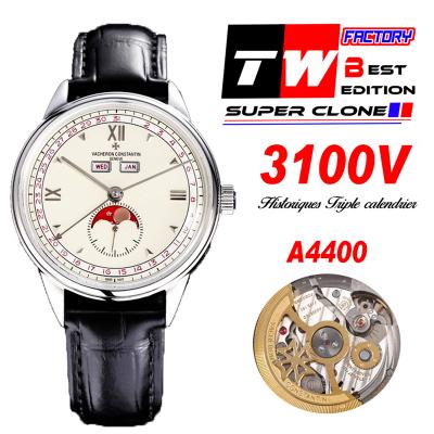 Historiques Triple Calendrier 3100V A4400 Automatic Mens Watch Best Edition Moon Phase TWF40 SS White Dial Leahter CHS