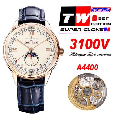 Historiques Triple Calendrier 3100V A4400 Automatic Mens Watch Best Edition Moon Phase TWF40 RG White Dial Leahter CHS