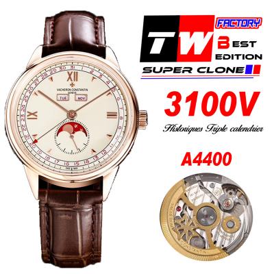 Historiques Triple Calendrier 3100V A4400 Automatic Mens Watch Best Edition Moon Phase TWF40 RG White Dial Leahter CHS